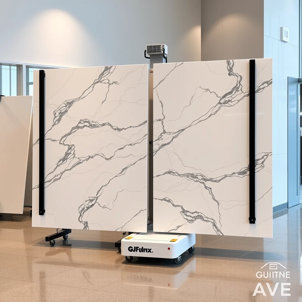 Smart, stylish automated AGV-based carrier and display system that holds 2 large 4-meter sized polished marble panels in such a way that one is horizontal and the other is vertical, together forming a large L-shaped configuration, oriented to match the pattern, in a professional yet cheerful setting.