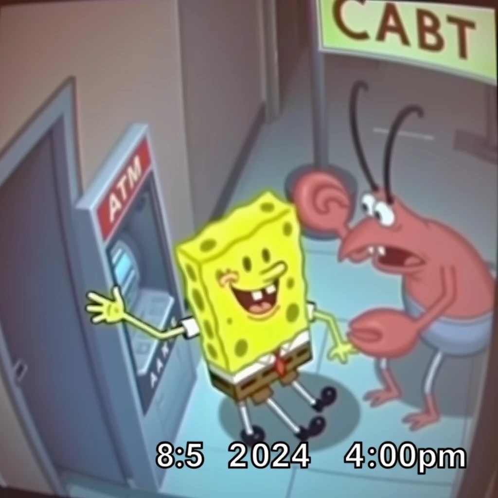 Lost CCTV footage of SpongeBob and Mrkrabs stealing an ATM. The CCTV footage is dated for 8/5/2024 at 4:00pm. - Image