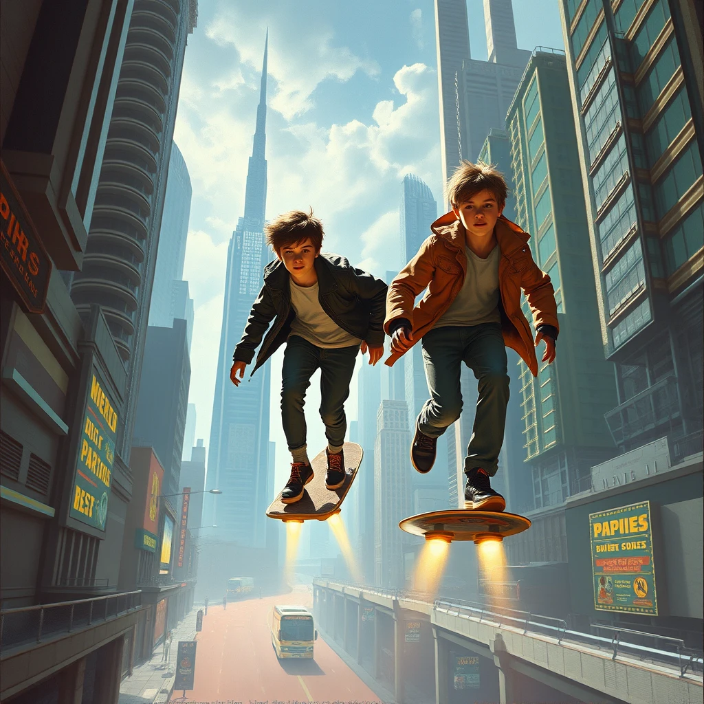 low-wide shot, two teen boys are riding flying boards through a futuristic city, a painting by Chesley Bonestell, in 1024 by 512 pixel resolution.