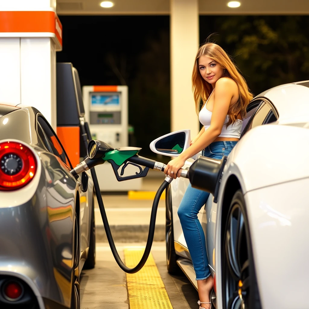 Young woman filling up an expensive sports car at the petrol station. - Image