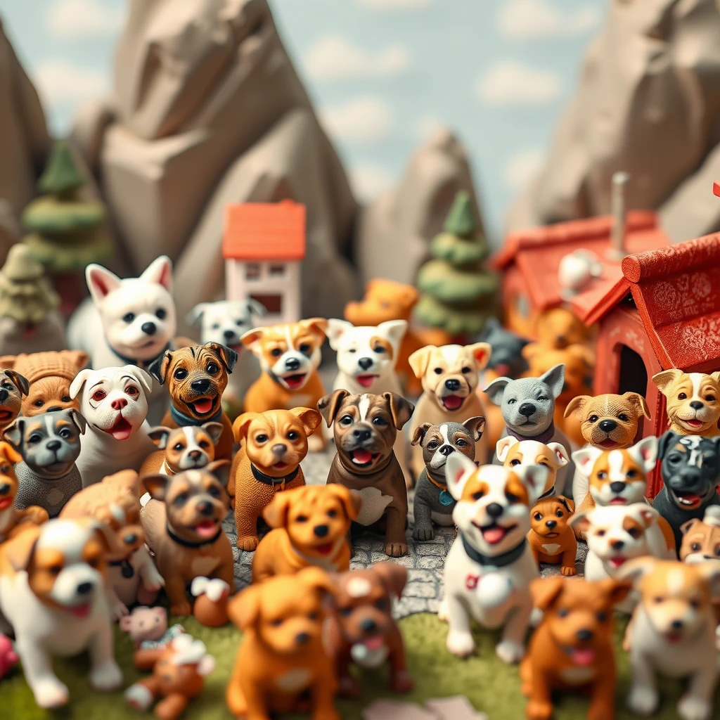 Miniature world with lots of dogs. Comic Game style. Upbeat. - Image