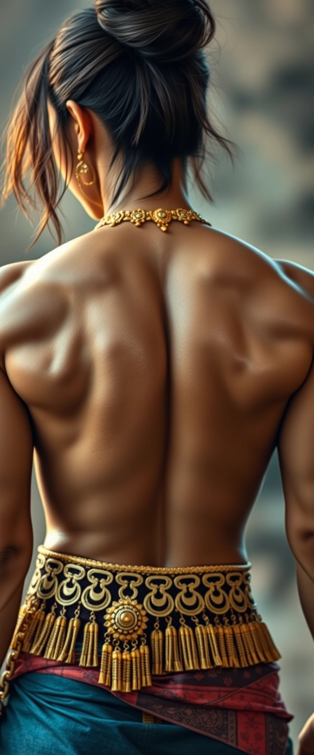 Close-up view of an unrealistically highly muscular back with big shiny muscles of a tall Korean-Indian woman, hair spread out, wearing gold ornaments on her waist and neck.