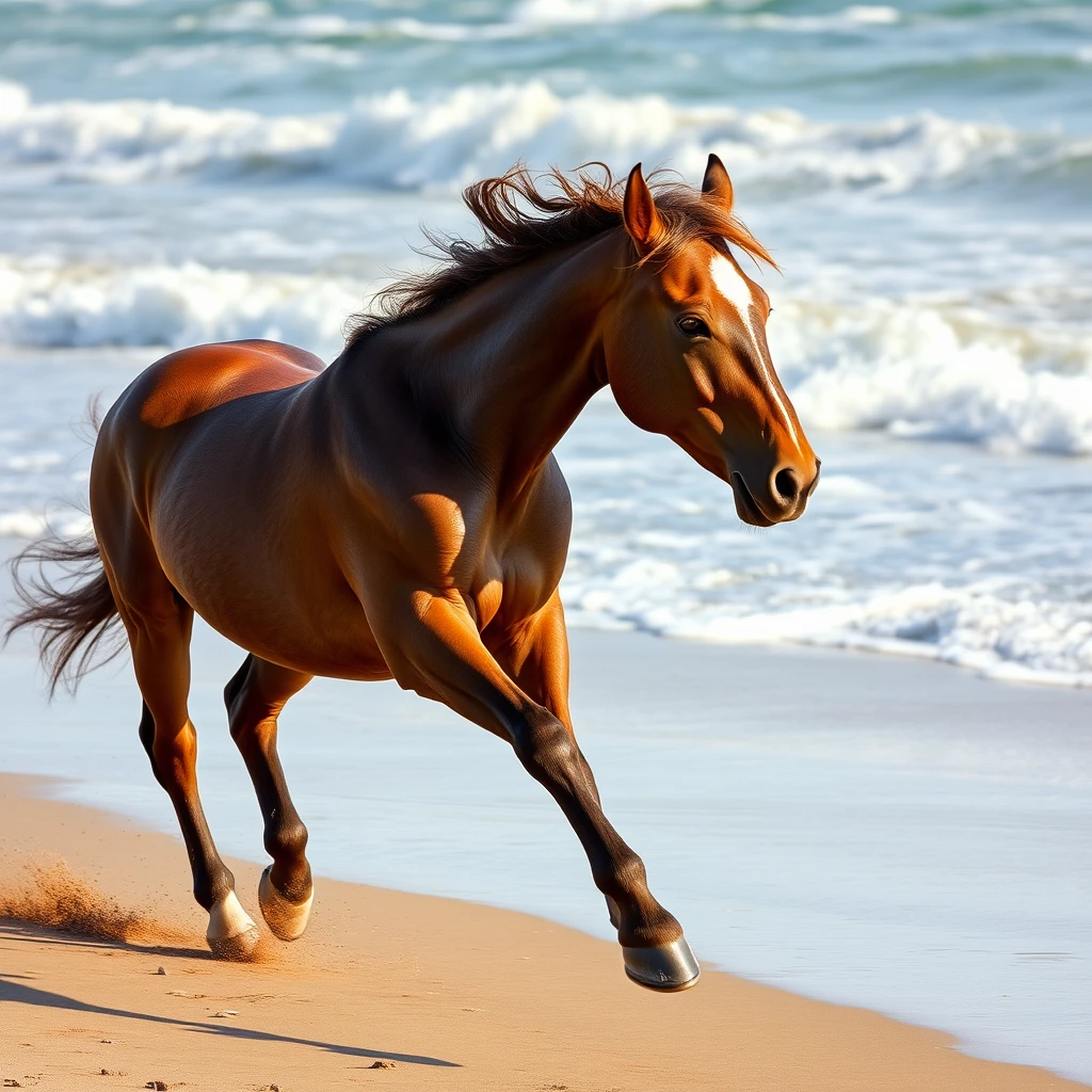 A horse running on the sand of the beach, toned muscles and skin shiny with sweat, his mane hair swaying in the wind and the waves crashing behind him.