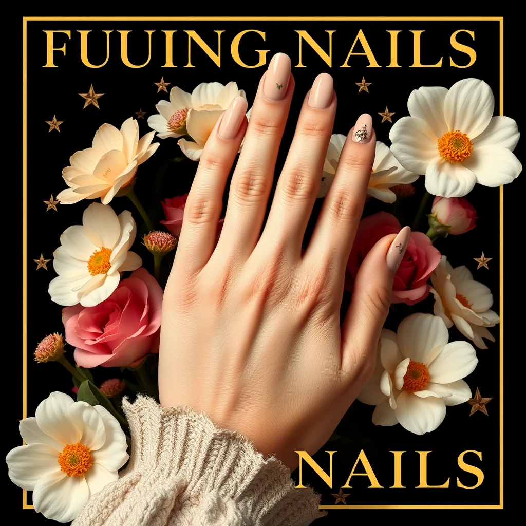 A hand with nude nail art, photographed in real life, surrounded by flowers and stars, poster design, Gucci poster design style, text information: FUING NAILS