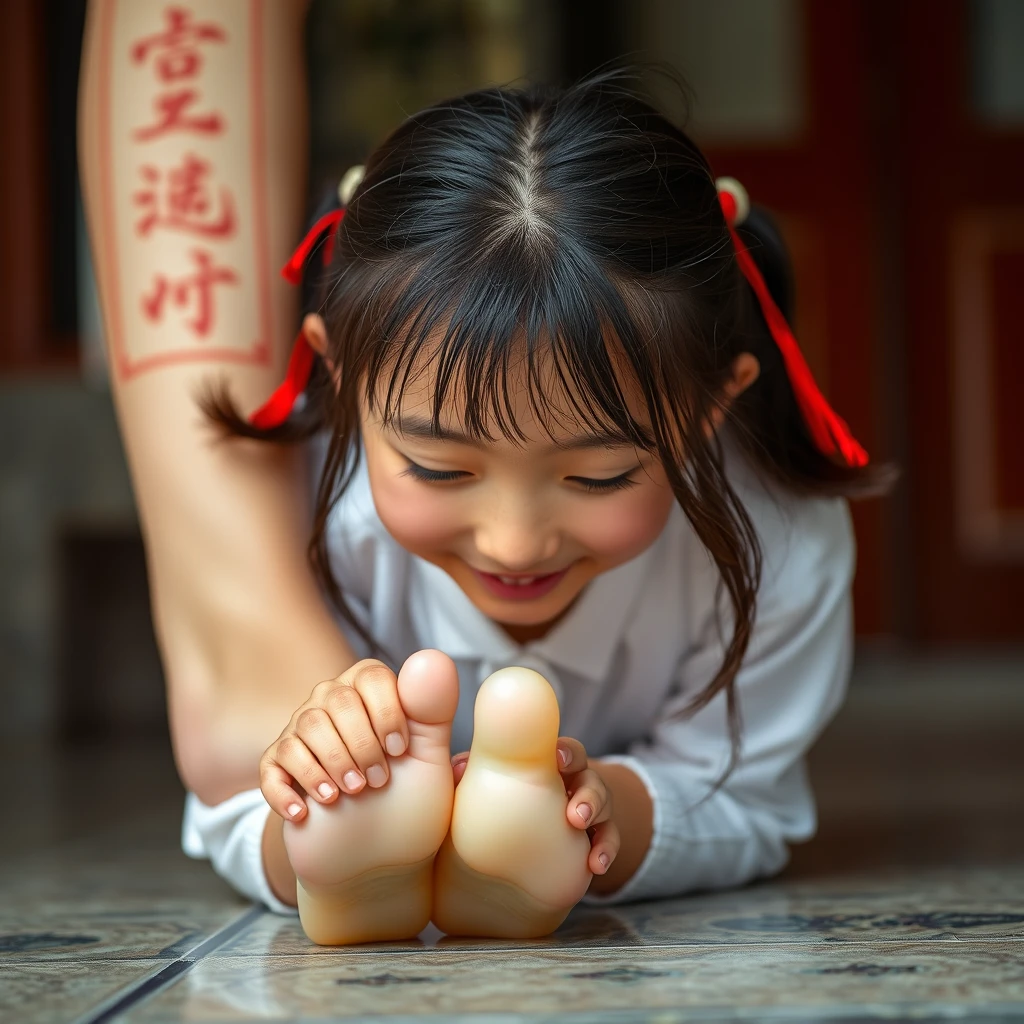 "Beautiful Chinese high school girl steps on face with jade-like feet." - Image