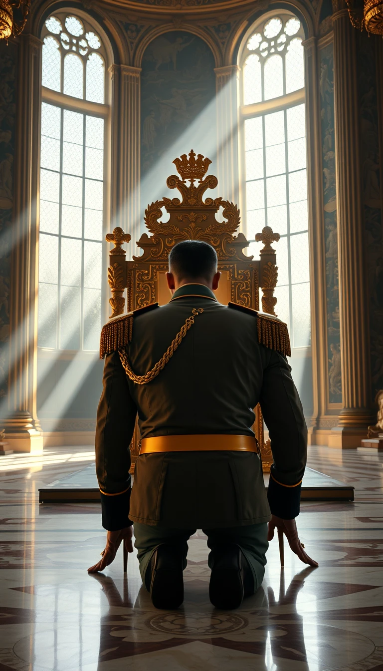 Main Character: A handsome and muscular king in a British royal military uniform, his back to the viewer, is on all fours, head bowed to the ground, trembling, in front of a massive gold throne. He appears to be in his late 30s, with short, neatly combed dark hair and a strong jawline. The uniform is impeccably tailored, adorned with medals and gold braid, highlighting his broad shoulders and powerful build.  
Background: The scene takes place in a grand, opulent throne room of a European palace, likely from the late 19th century. The towering walls are adorned with intricate carvings and tapestries depicting scenes of historical battles and royal ceremonies. Sunlight streams through tall, arched windows, casting long, dramatic shadows across the polished marble floor. The massive golden throne, intricately carved with mythical creatures and symbols of power, dominates the room, gleaming in the light.  
Supporting Characters: None  
Visual Style: The scene should be captured in a hyperrealistic, professional film photography style, emphasizing the dramatic lighting and the rich details of the environment and the king's uniform. The color palette should be rich and saturated, with a focus on golds, reds, and deep blues. The composition should create a sense of awe and power, highlighting the grandeur of the throne room and the king's submission. The image should evoke a sense of drama and tension, leaving the viewer to question the events leading to this powerful moment. - Image