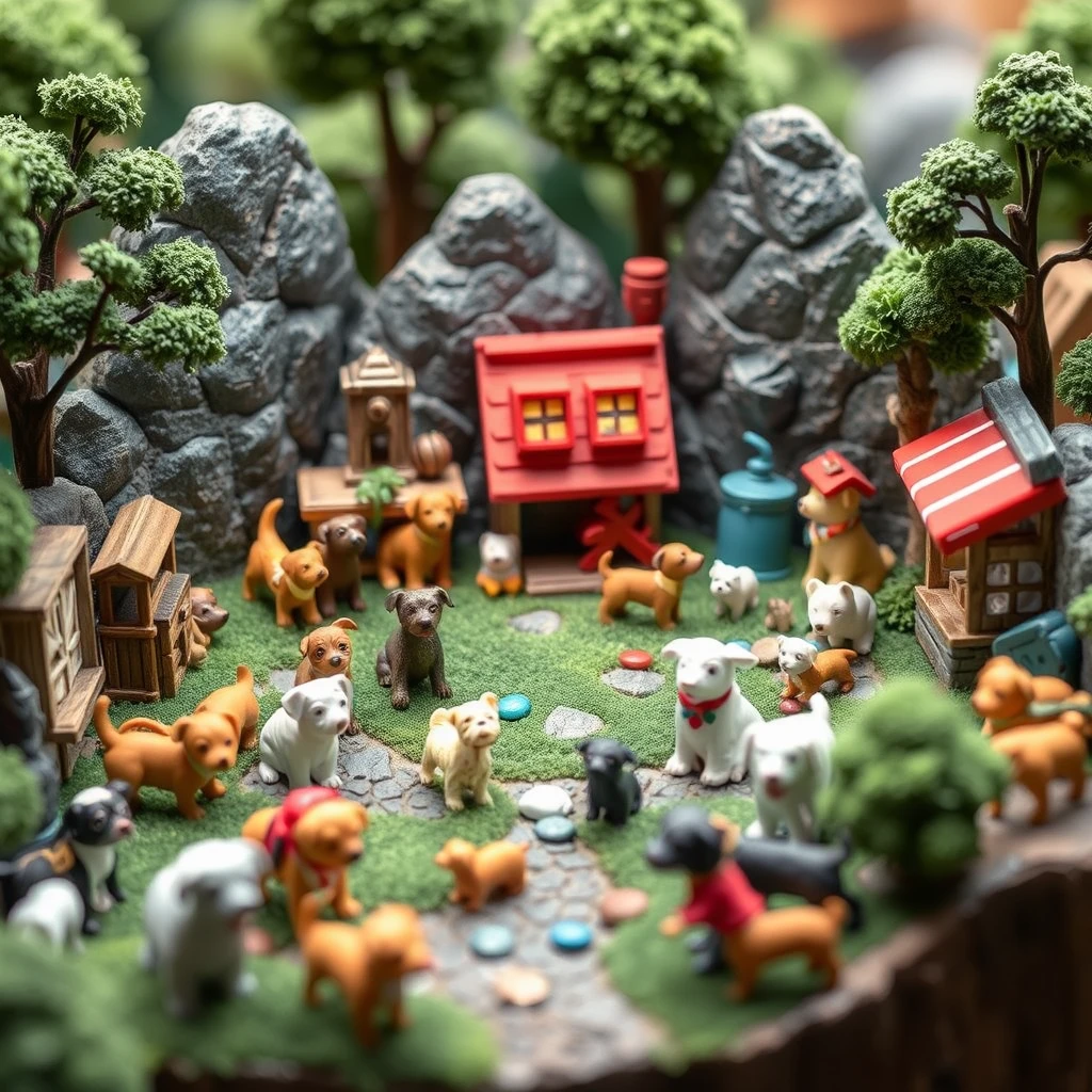 Miniature world with lots of dogs. Game style. Upbeat.