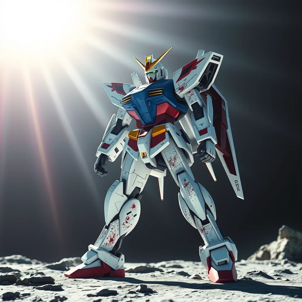 The Strike Freedom Gundam is covered with scars from the battle. Standing on the moon's surface, the sun's rays shine from the left. - Image