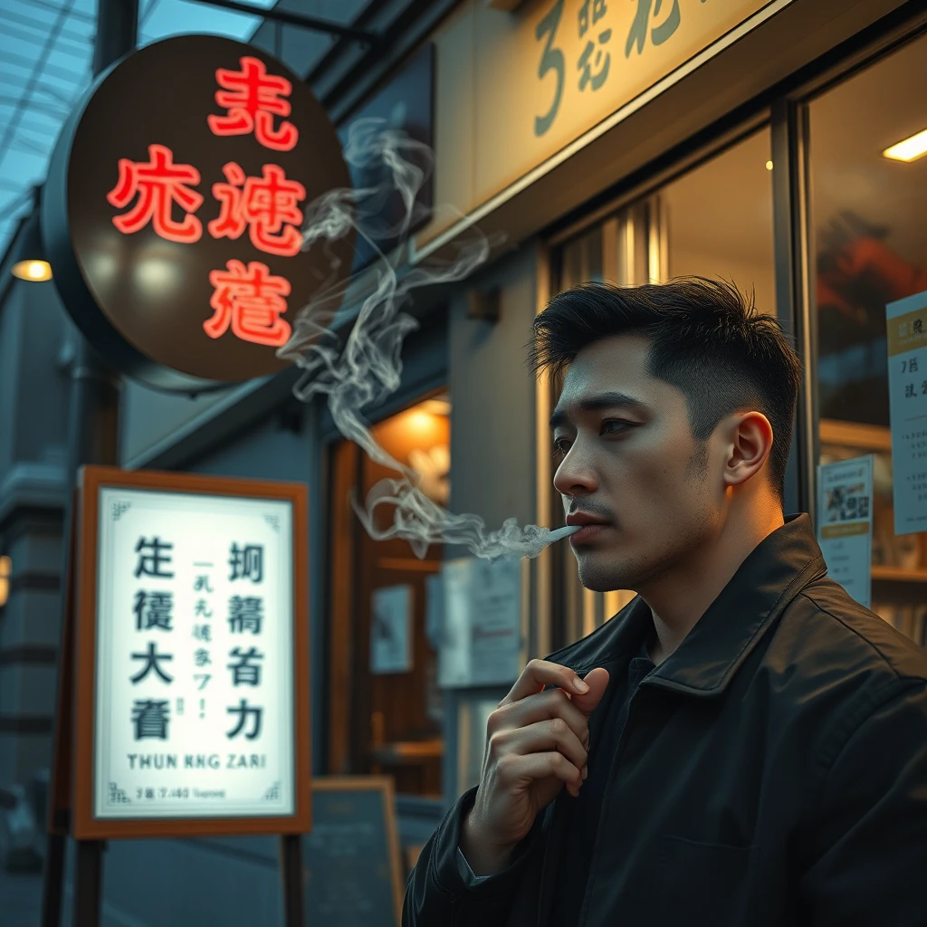 In the evening, a young strong man is smoking outside a restaurant. He looks melancholic, and there is a sign outside the restaurant, with clear characters that can be read, including Chinese characters or Japanese.