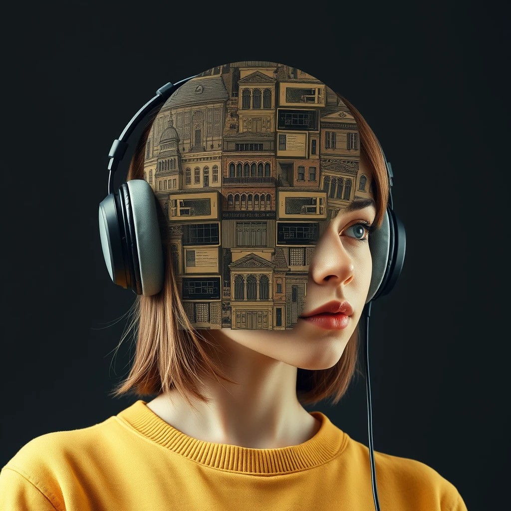 A girl’s upper body, with a head made of architecture illustrations, wearing headphones, realistic. - Image