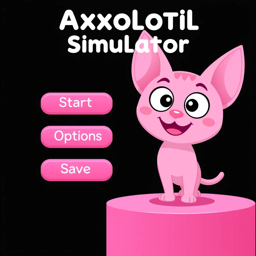 The image is a screenshot of the Axolotil Simulator game. It shows a pink cat with big, round eyes and a big smile on its face. The cat is standing on a pink platform with a black background. On the left side of the image, there are three pink buttons with the words "Start", "Options", "Save", and "Exit" written on them. The buttons are arranged in a grid-like pattern. The title of the game is written in white text at the top of the screen.