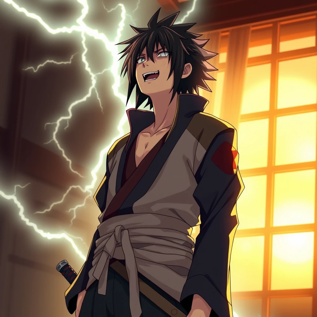 An Uchiha Sasuke with a blend of traditional and modern attire, including a detailed obi belt and katana, surrounded by floating, surreal lightning, sunrise light, an angry laugh while looking upward, golden hour, shadow casting from a window, dynamic light. - Image