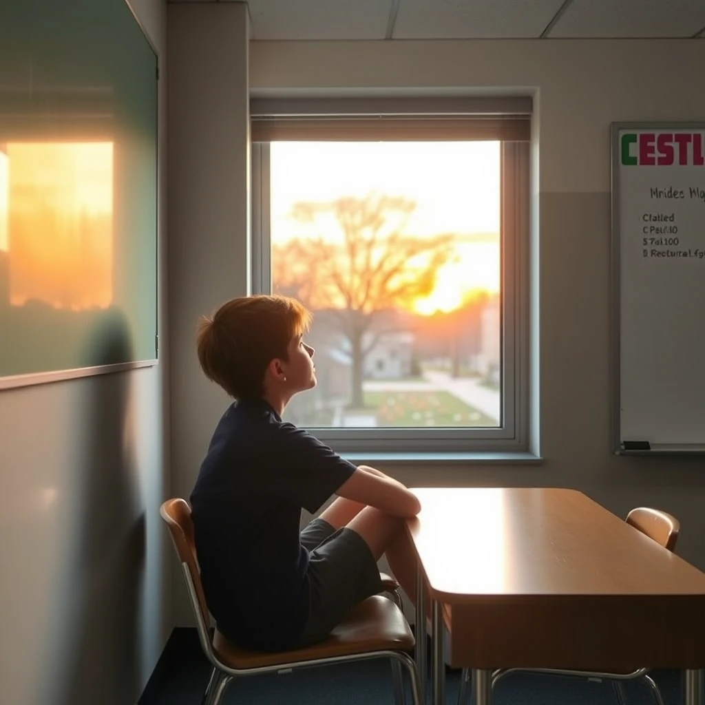 A middle school student sits in the corner of the classroom, looking at the sunset outside the window.