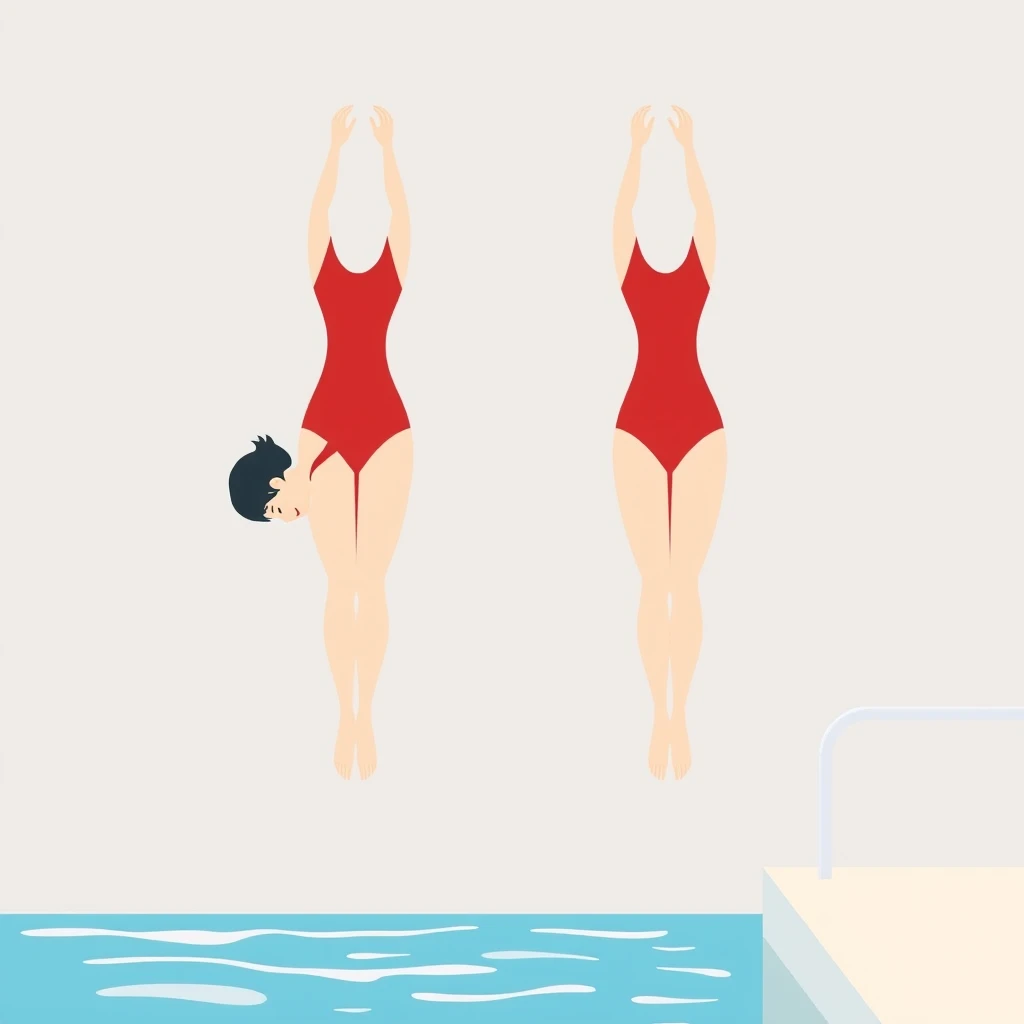 Short-haired female athletes diving from the platform wearing red swimsuits, minimalist style flat illustration, simple background. - Image