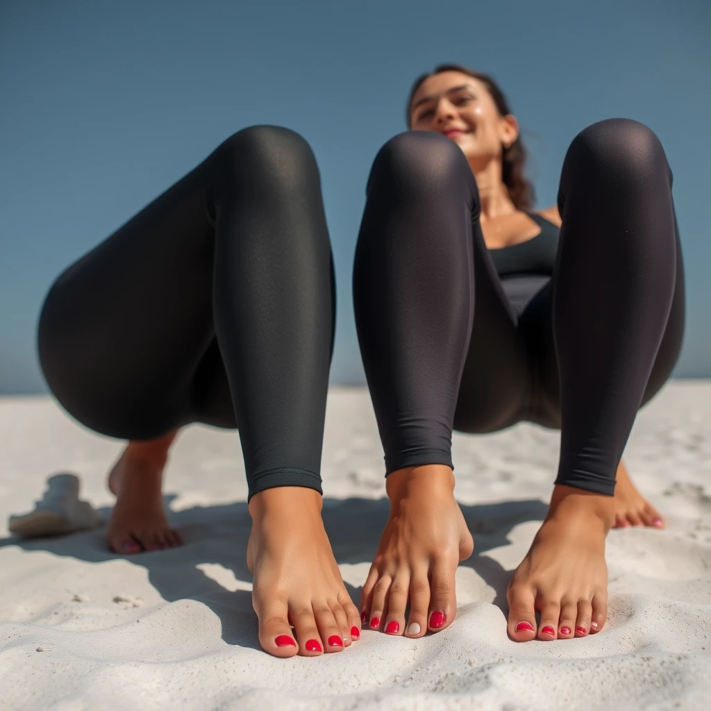 Two women in sportswear kneeling in the sand with red painted toenails.