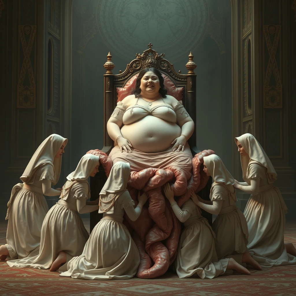 A group of palace maids knelt down to form a throne of flesh, and the plump queen rested on top of it.