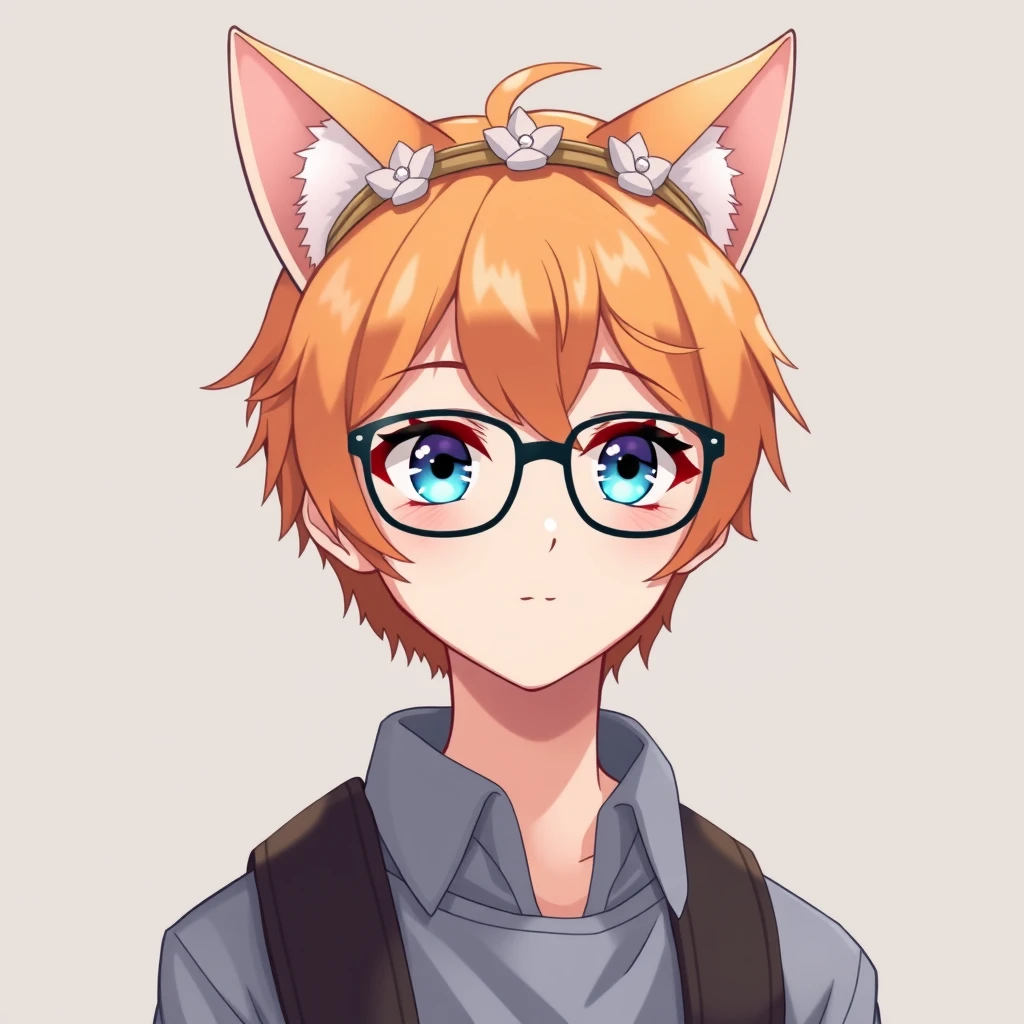 cute anime boy college student with cat ears, pastel, wearing glasses and a flower crown. They have blue eyes with orange hair.