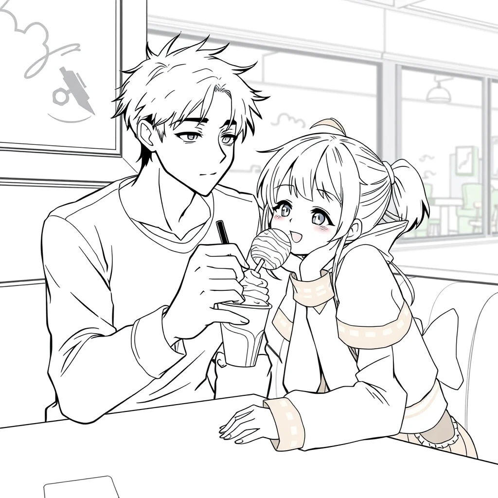 The boy was sitting and gently feeding his girlfriend a cup of ice cream, and the girl, who was wearing a cute outfit, looked happy, resting her cheeks on her hands on the table. The boy is tall and handsome. Anime line art.