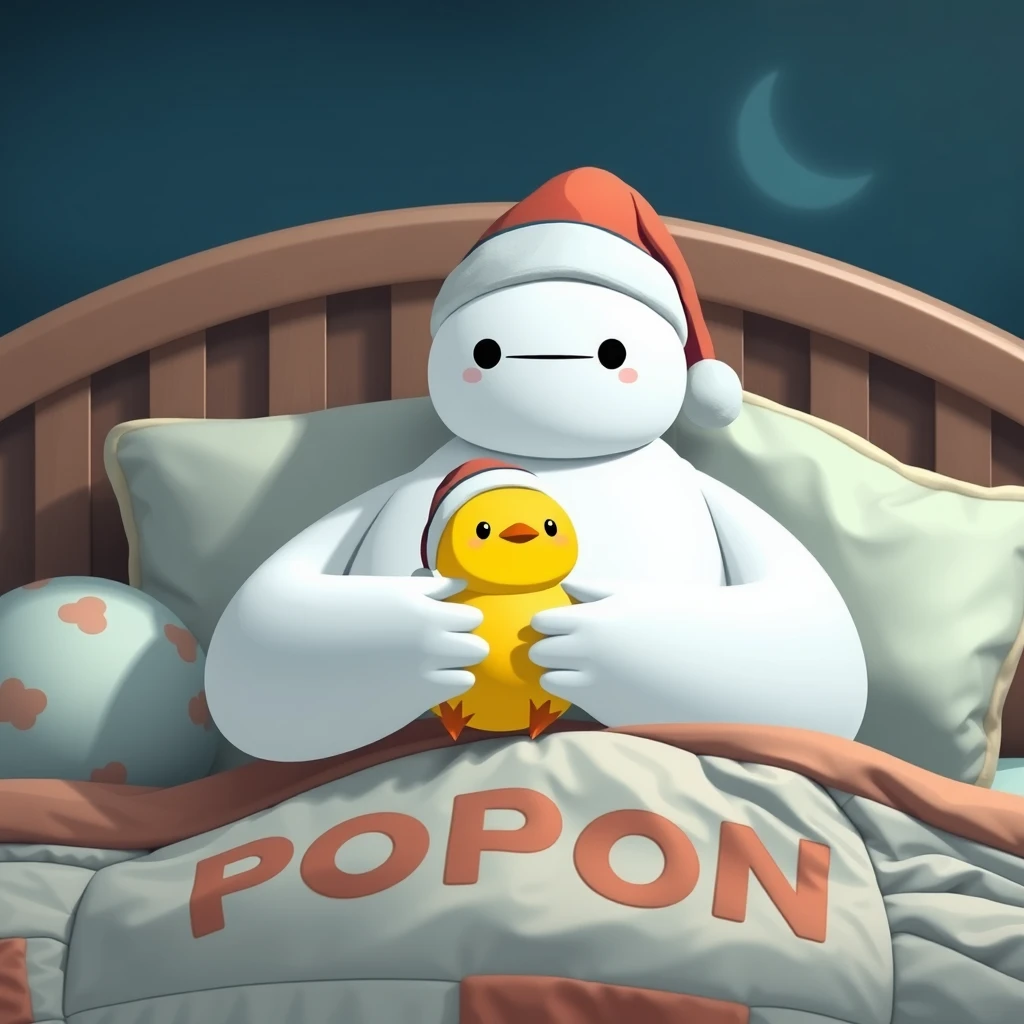 Baymax at night with a colored nightcap, holding a cute yellow kawaii hatchling with a nightcap in the biggest fantastic cute kawaii bed in the world with the word POPON sewn on the patchworked padding. - Image