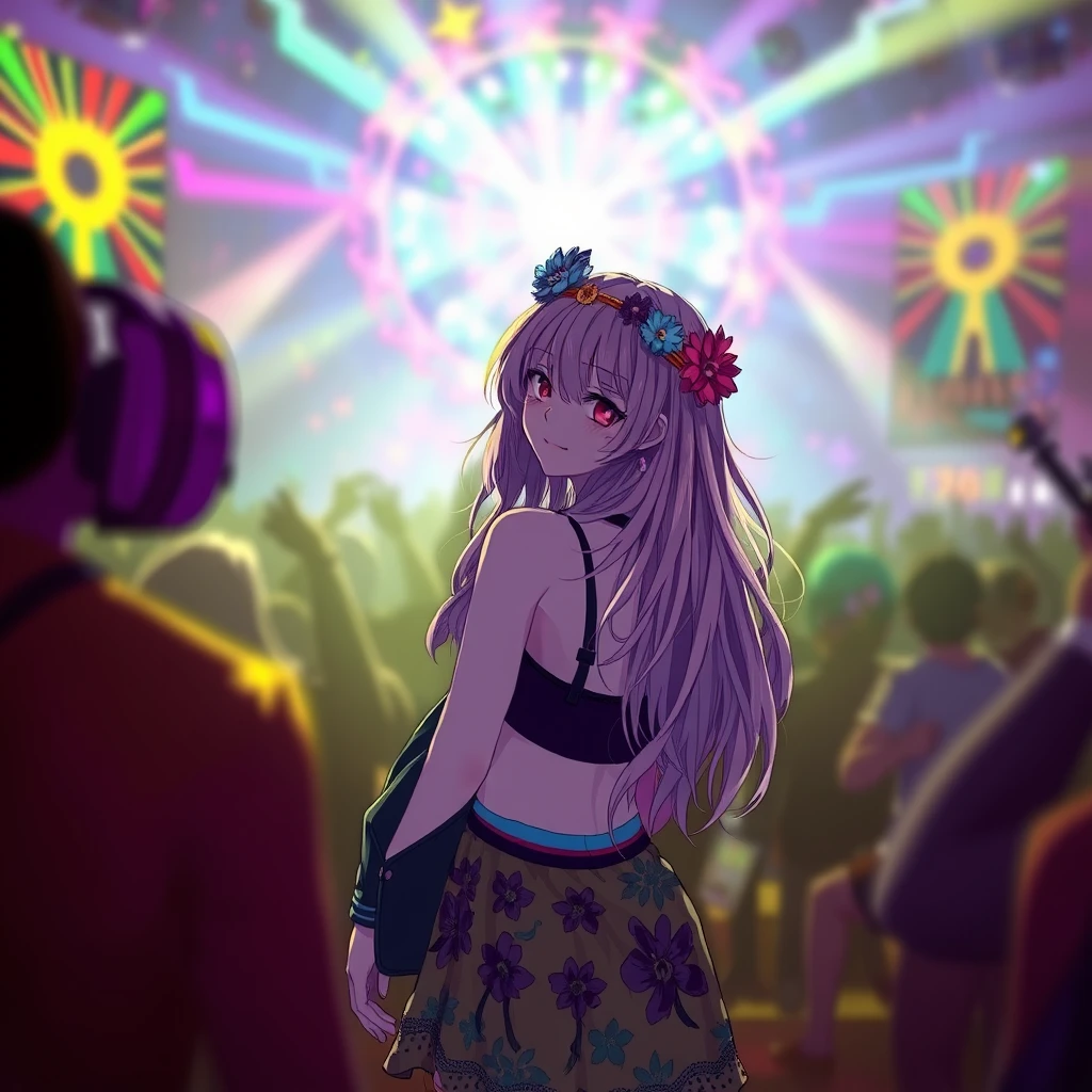 A hippie anime girl at a music rave festival in a psychedelic, trippy festival music scene.