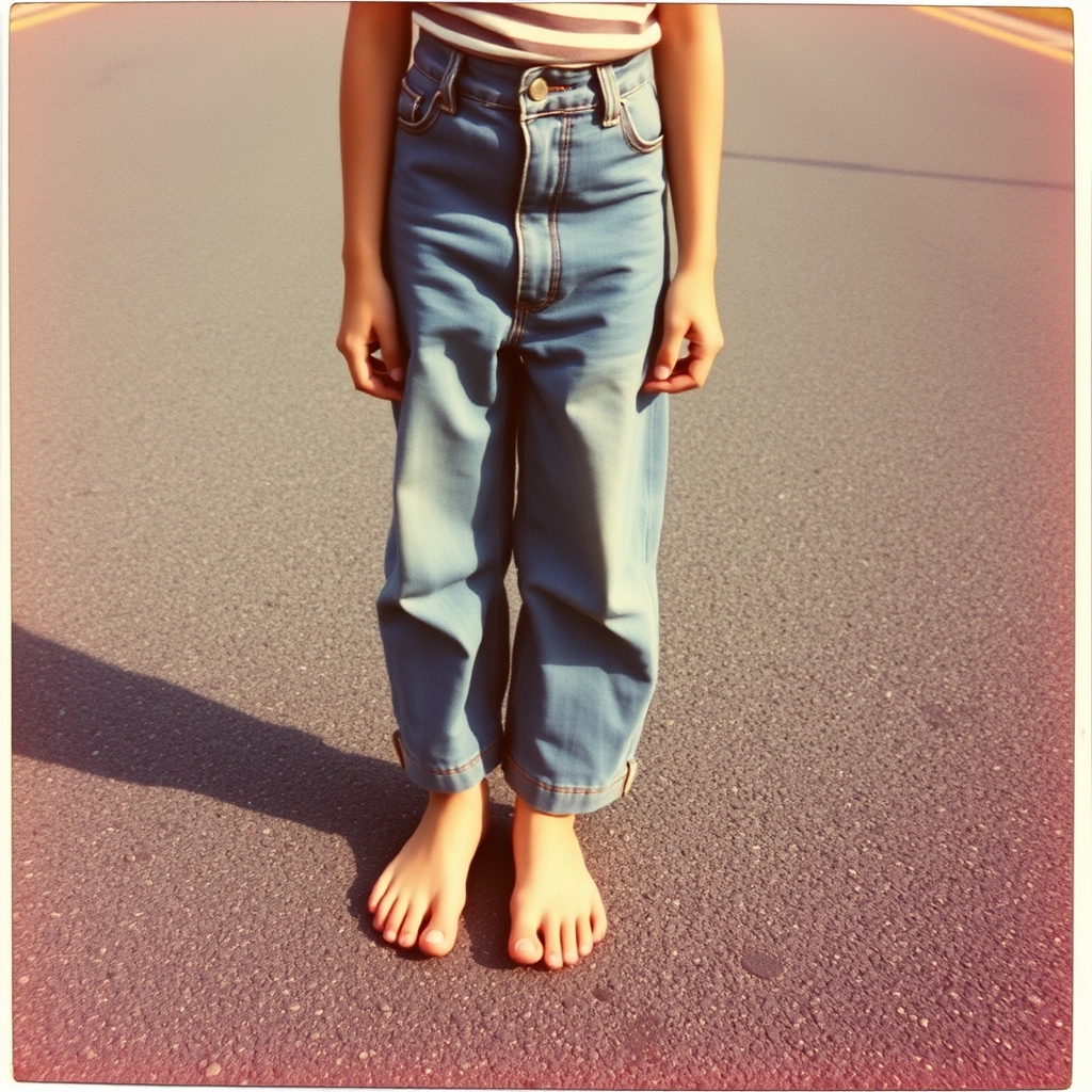 Angry barefoot teenage girl in jeans standing on the asphalt, 1970s, Polaroid photo.