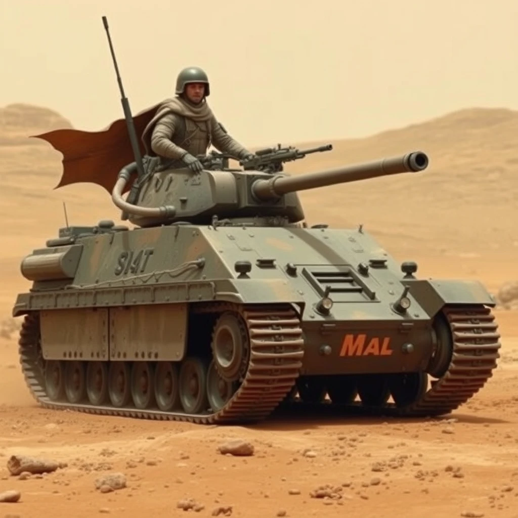 a tank, many gun, soldier sit on it, on the Mars