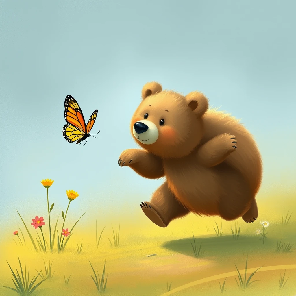 A bear with fluffy fur running to catch a butterfly. - Image