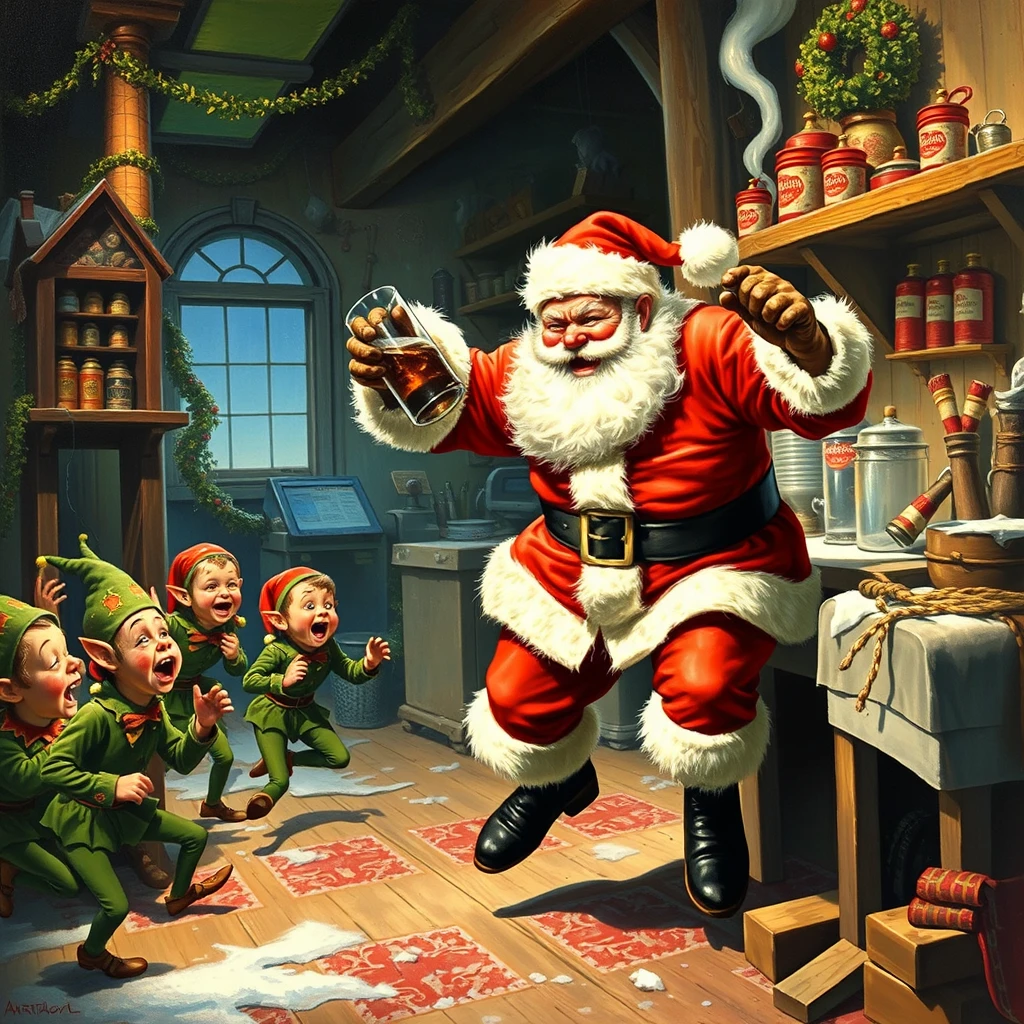 Santa is drunk again and rampaging through the workshop, elves are running in terror, a painting by Arthur Sarnoff.