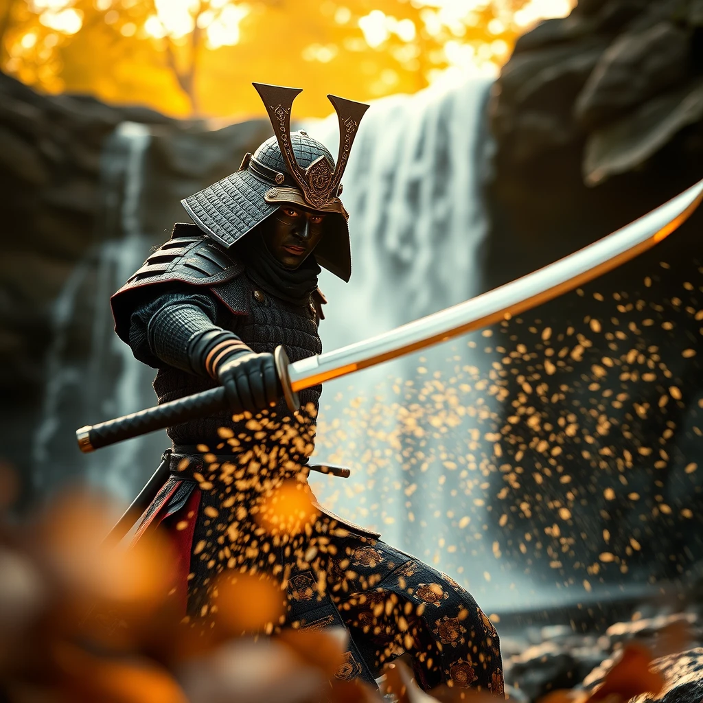 An aggressive samurai swinging his katana, at a waterfall, bokeh, foreground blur, golden hour, intricate detail.