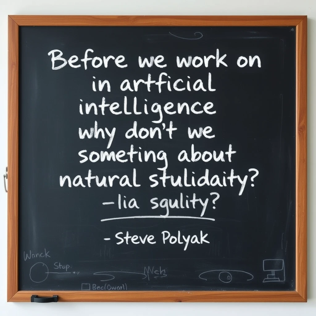 Chalk writing on a chalkboard that says “Before we work on artificial intelligence why don’t we do something about natural stupidity?”

—Steve Polyak , on a classroom style chalkboard