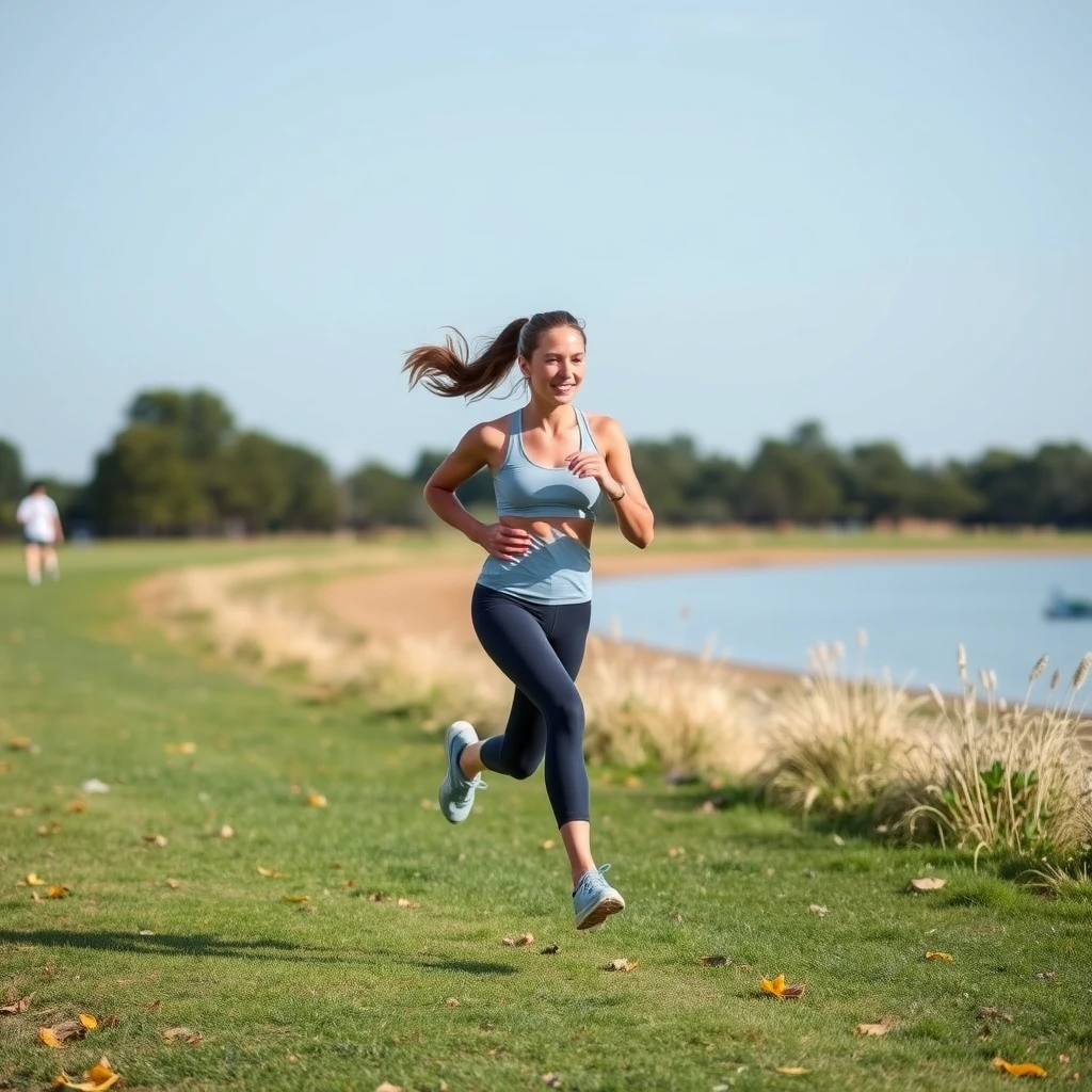 A girl running, wearing yoga clothes.