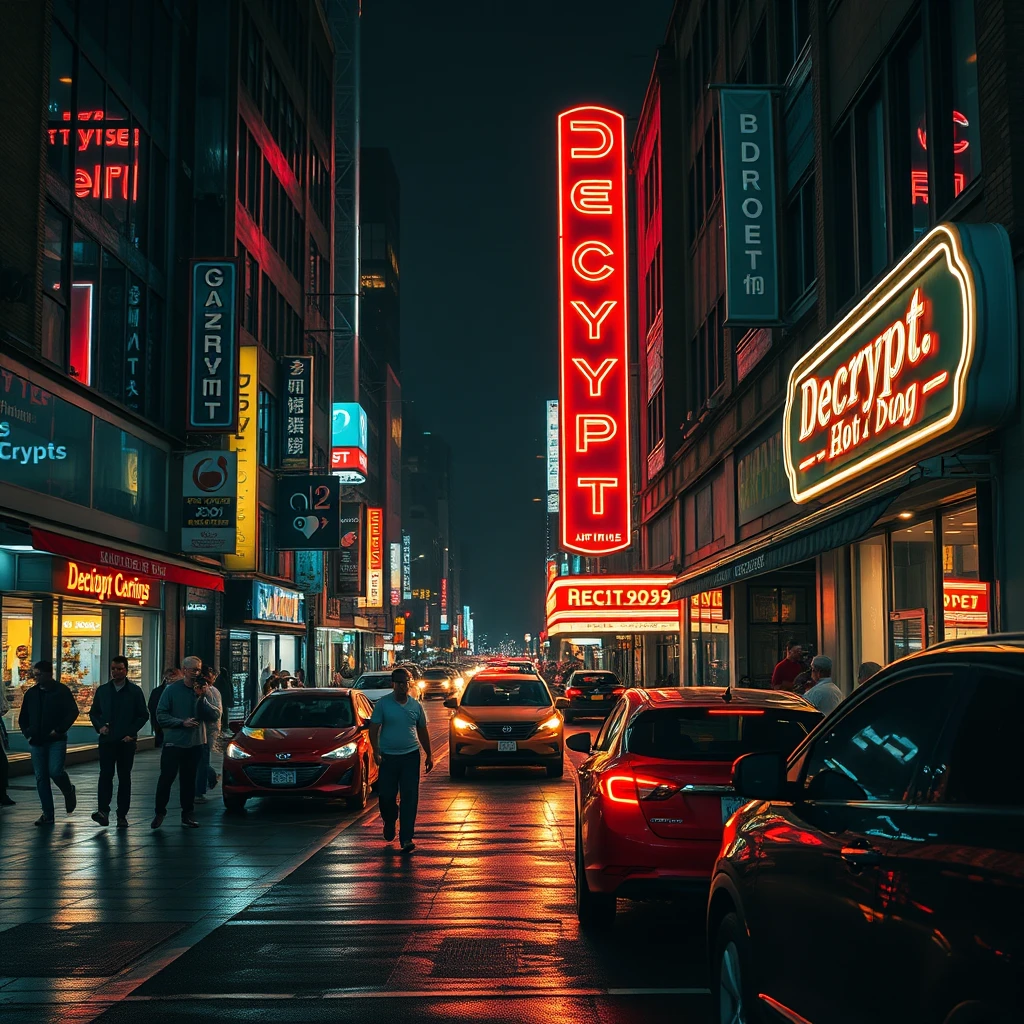 A high-resolution photograph of a bustling city street at night, neon signs illuminating the scene, people walking along the sidewalks, cars driving by, a street vendor selling hot dogs, reflections of lights on wet pavement, the overall style is hyper-realistic with attention to detail and lighting, a neon sign says ‘Decrypt.’ - Image