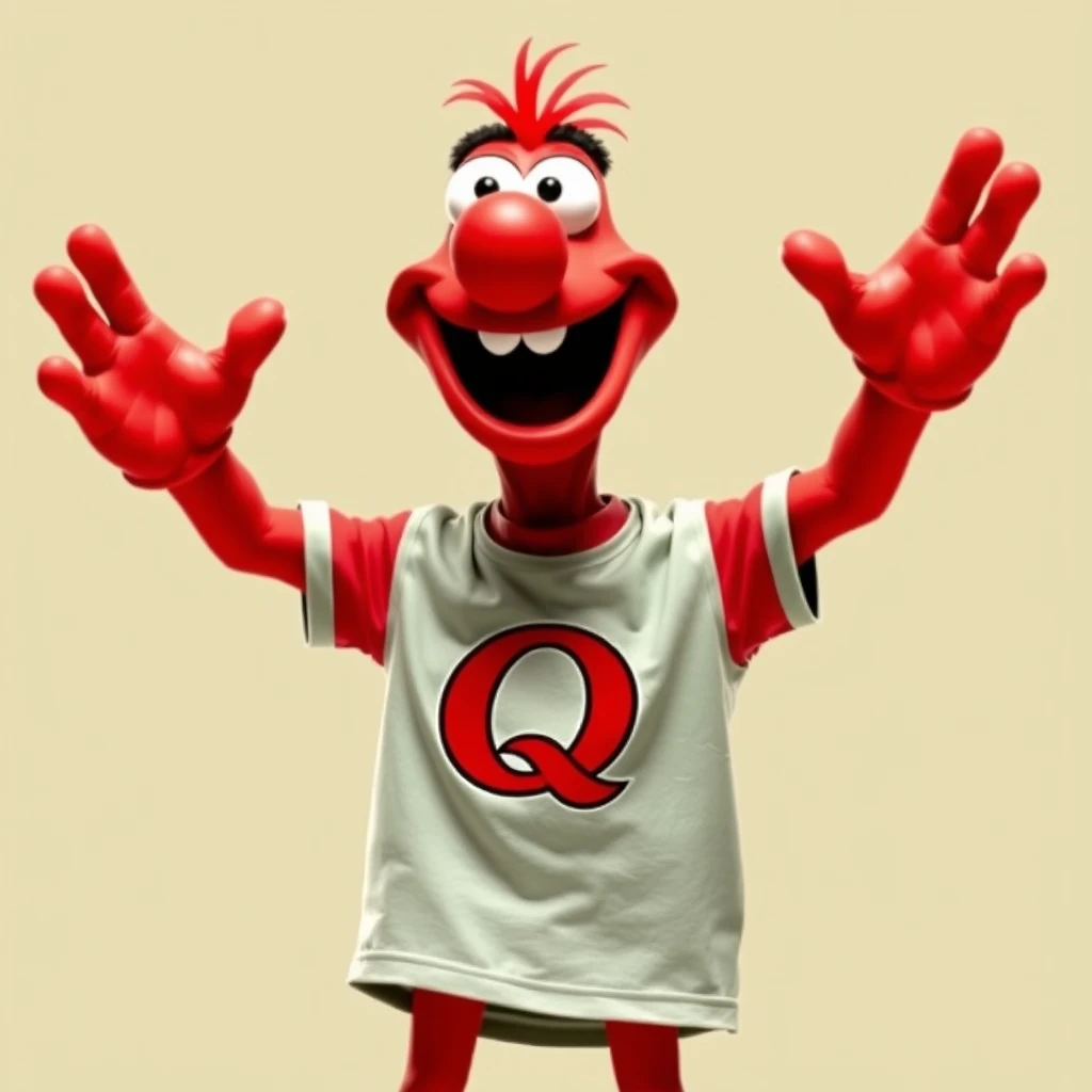 Pepé, with its iconic red skin, is captured in an enthusiastic gesture, both hands raised high, perhaps in a cheer or to signal a triumph. The character's shirt features a bold "Q" logo, which is clearly visible and adds a distinctive flair to Pepé's appearance. The energy and joy Pepé exudes are palpable, with the character's pose suggesting a moment of victory or a spirited celebration. The background is kept simple to maintain the focus on Pepé and the "Q" logo, while the lighting accentuates the red skin and the contrast of the logo on the shirt.