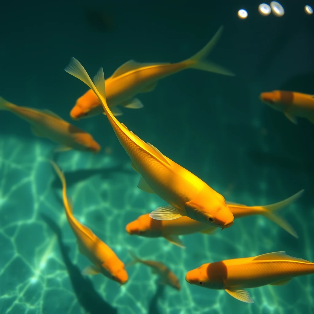 some golden fishes in pool - Image