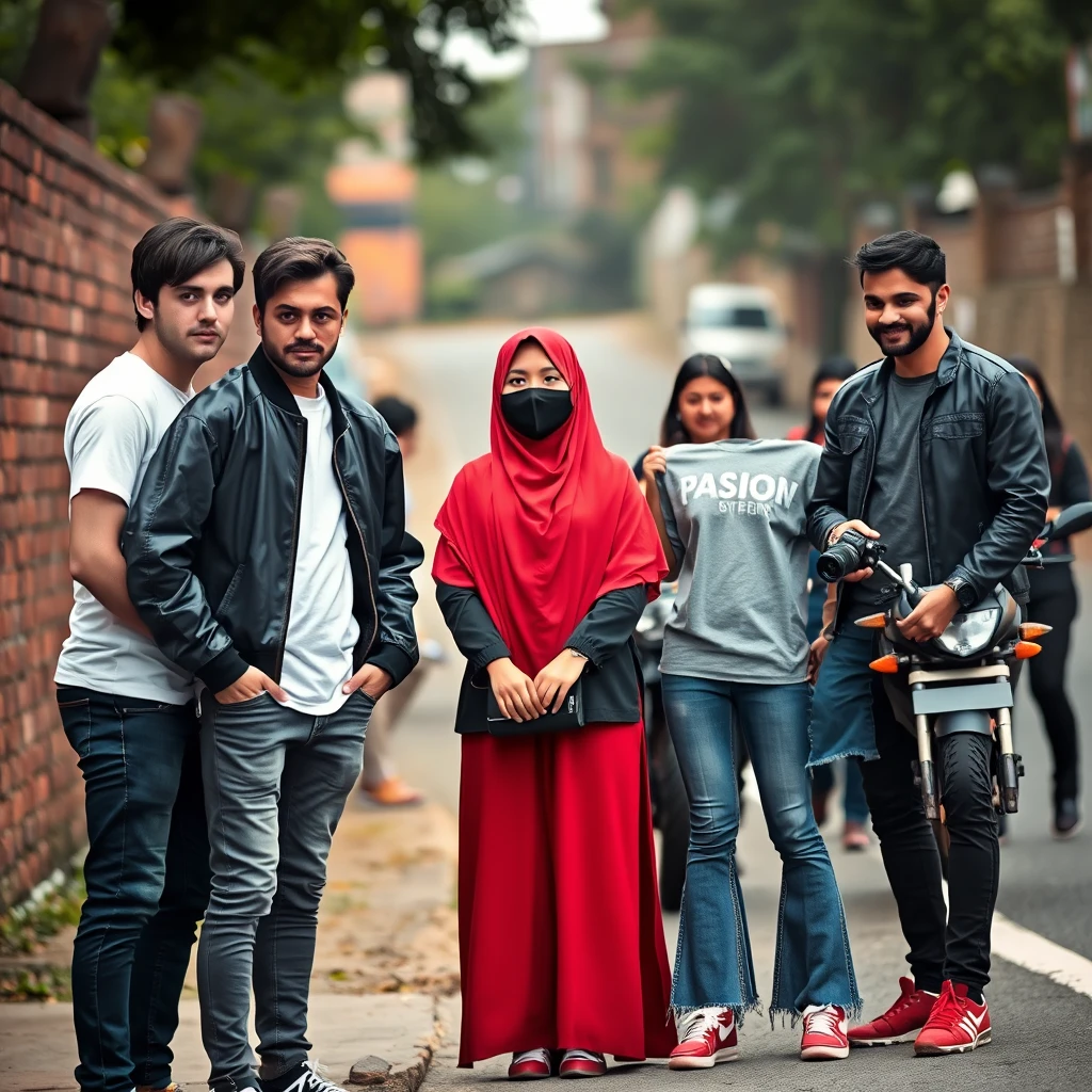 Jamie Dornan and Freddie Prinze, head and body shot, handsome, young, serious face, dark brown hair, white T-shirt, collage jacket, skinny jeans, sneakers, standing, discussing with two guys and a short, slim Muslim girl in a red hijab, beautiful eyes, black face mask, black leather jacket, grey long T-shirt, bell-bottom cutting jeans, red sneakers, holding a Canon DSLR camera, near a town road, superbike, hyper-realistic, street photography, brick wall, full body photo, five other random smiling friends in the back.