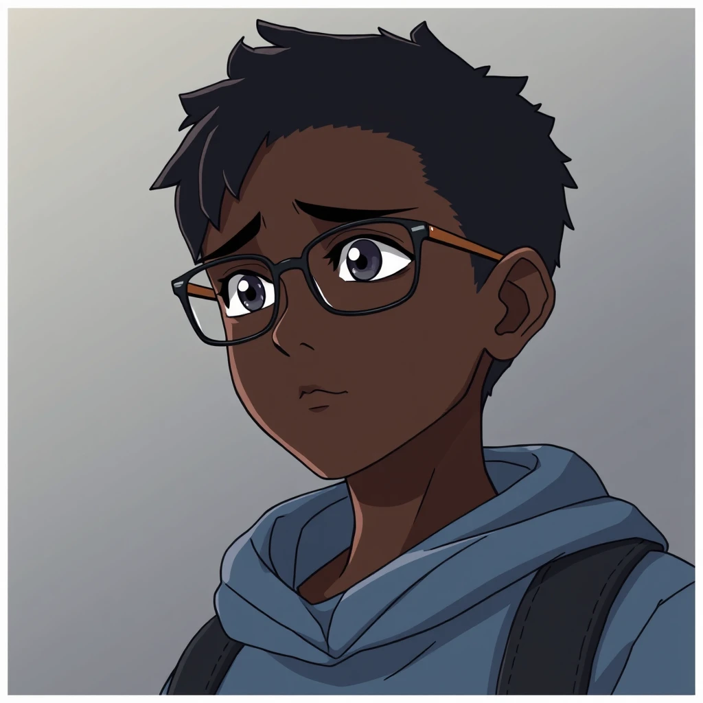 "Make a dark-skinned and black teenager with glasses looking forward with a tired expression. In an anime style." - Image