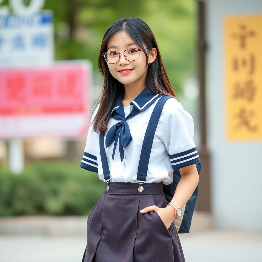 A 24-year-old Chinese girl wearing a suspender skirt and JK uniform with glasses. - Image