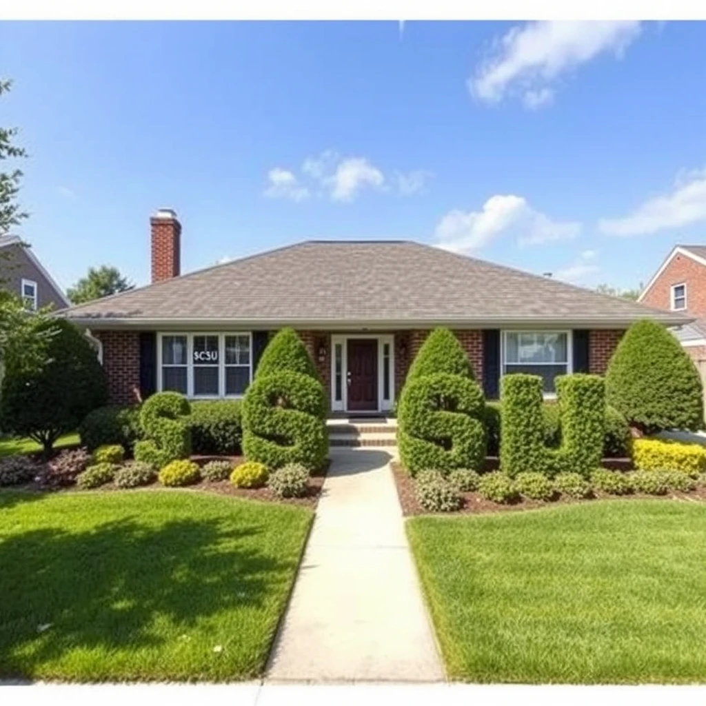 nice brick bungalow fresh cut grass manicured bushes that spell “$CSU” - Image