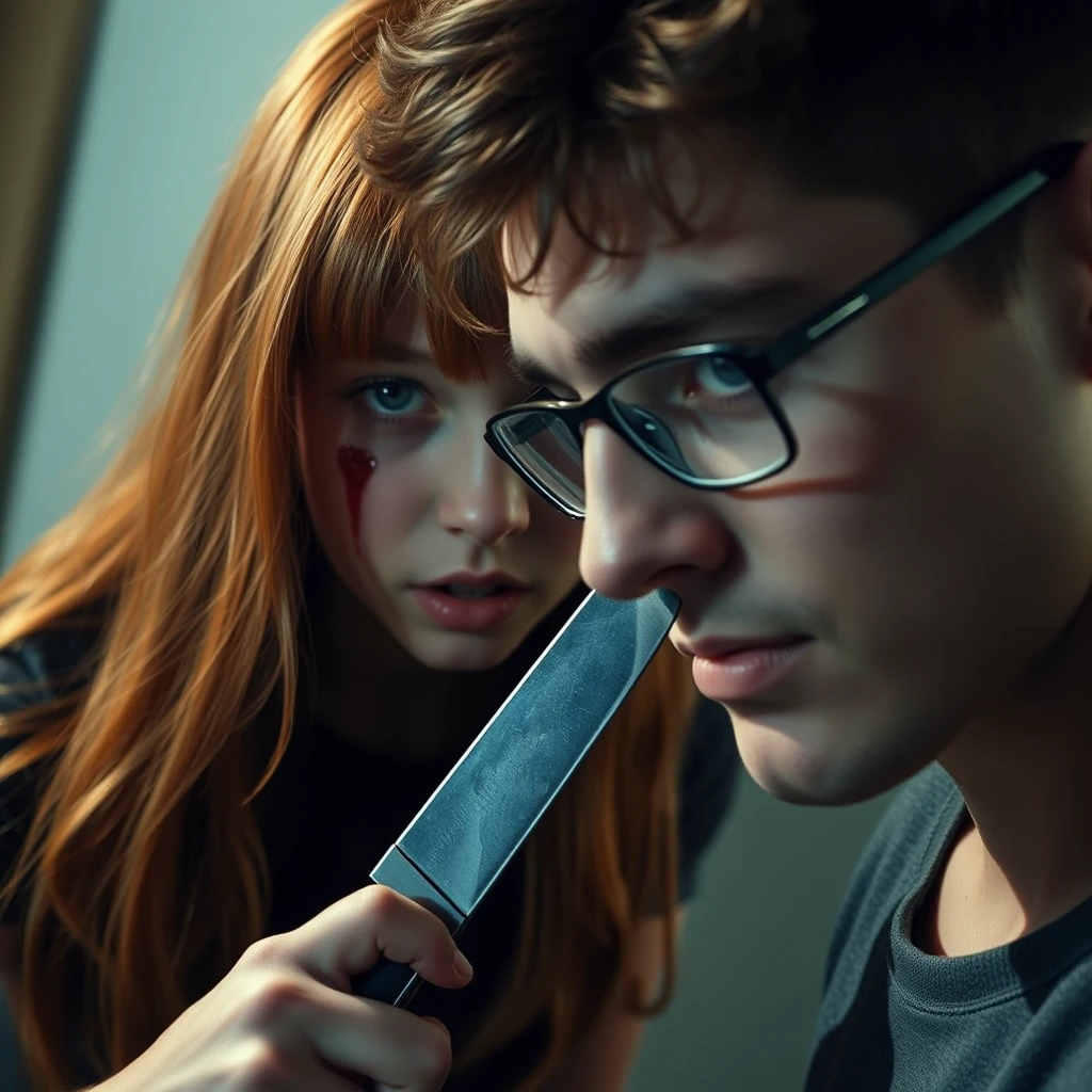 A horror scene; a short, skinny teenage girl with long ginger hair and bangs, green eyes, using a knife to cut a tall young Italian white guy who is wearing glasses.