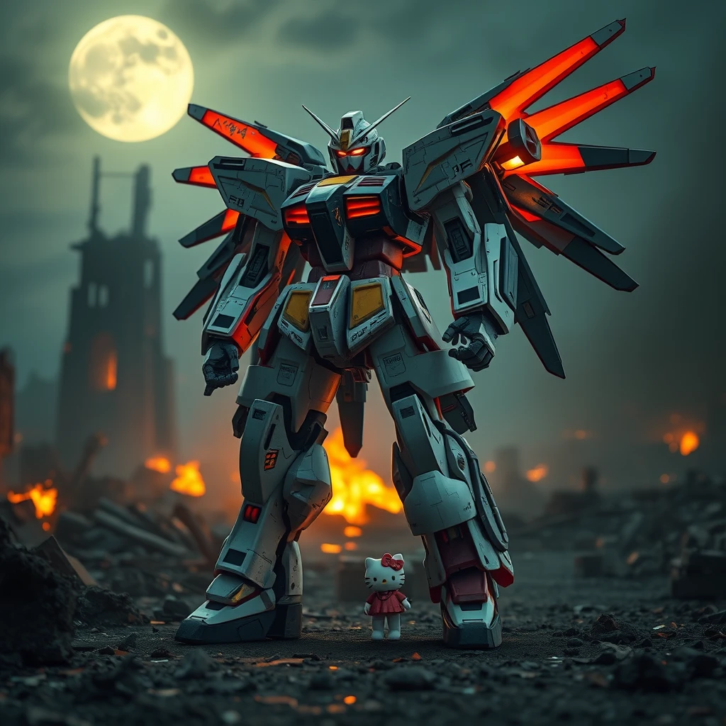 hype realistic gundam wing mech standing in a dystopia battlefield, realistic reflections, battle damage on the gundam, smoldering ruins, 8k, cinematic, dynamic camera angle, atmospheric lighting, dark and gritty, moonlight, realistic surfaces, sharpened image, bokeh, depth of field, female hello kitty pilot by the gundam's foot - Image