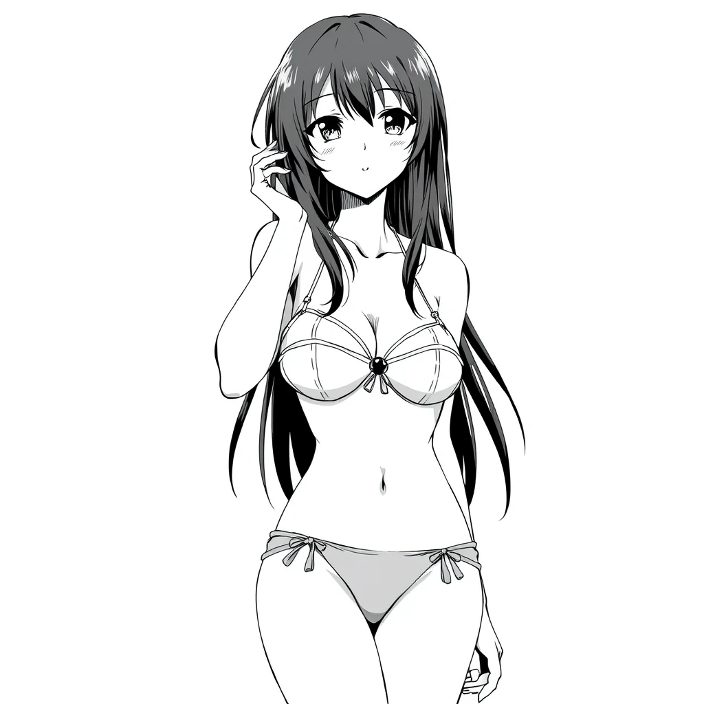 Black-haired girl in a bikini, manga, grayscale - Image