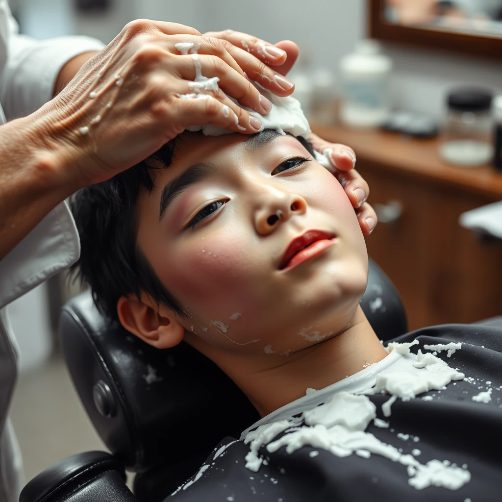 Portrait, facial shot, an elderly barber is washing the face of a 12-year-old Korean boy with a feminine appearance in makeup, lying on a barber chair with lots of soap.