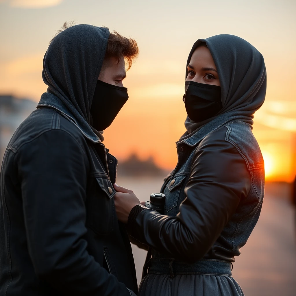 Jamie Dornan's head and body shot, handsome, black face mask, denim jacket, jeans, dating, love couple, with the biggest grey hijab Muslim girl, black face mask, beautiful eyes, black leather jacket, biggest skirt, taking picture, DSLR Canon camera, sunset, hyper-realistic, street photography.