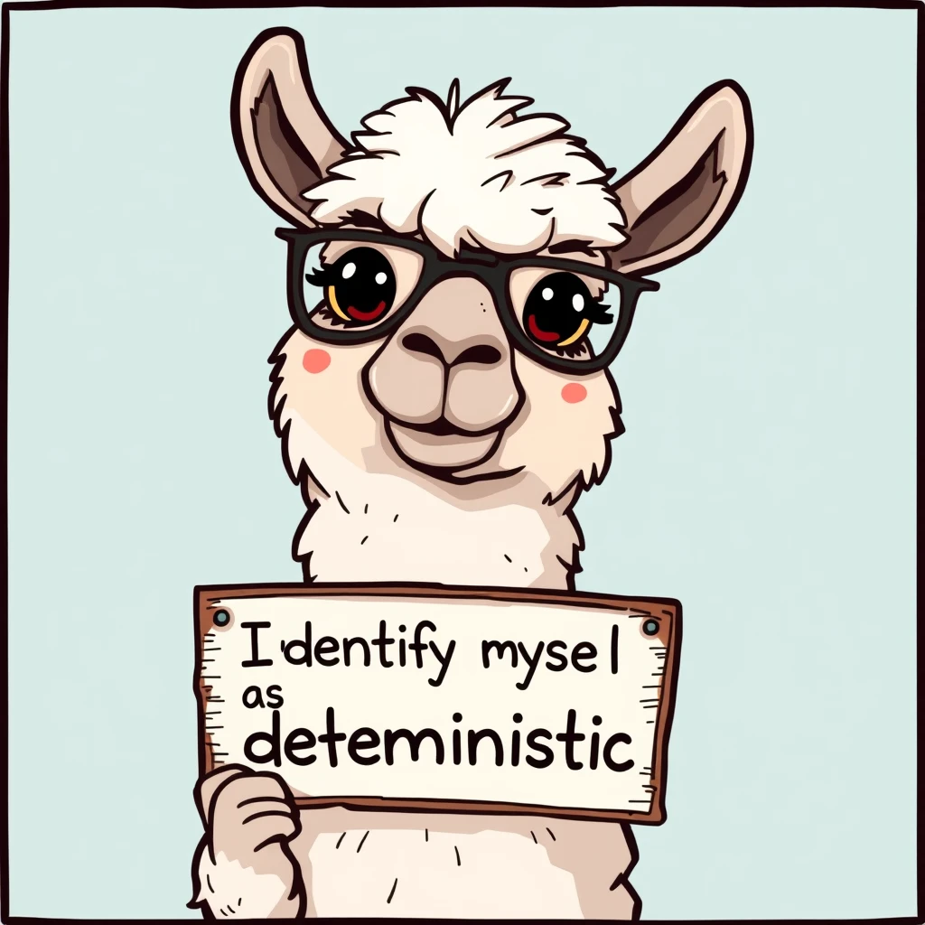 A cartoon llama with a signboard that reads "I identify myself as deterministic." - Image