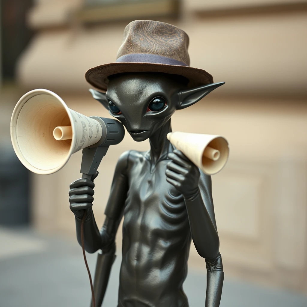 A changeling stood there, its skin smooth and metallic, the color of an oil slick. It had no nose or mouth on its face and was missing eyes and ears; its empty, smooth face was alien but humanoid. It could be mistaken for a mannequin if it weren't moving around and wearing a hat, wielding a megaphone made of paper at passersby. No face. No facial features. Smooth skin.