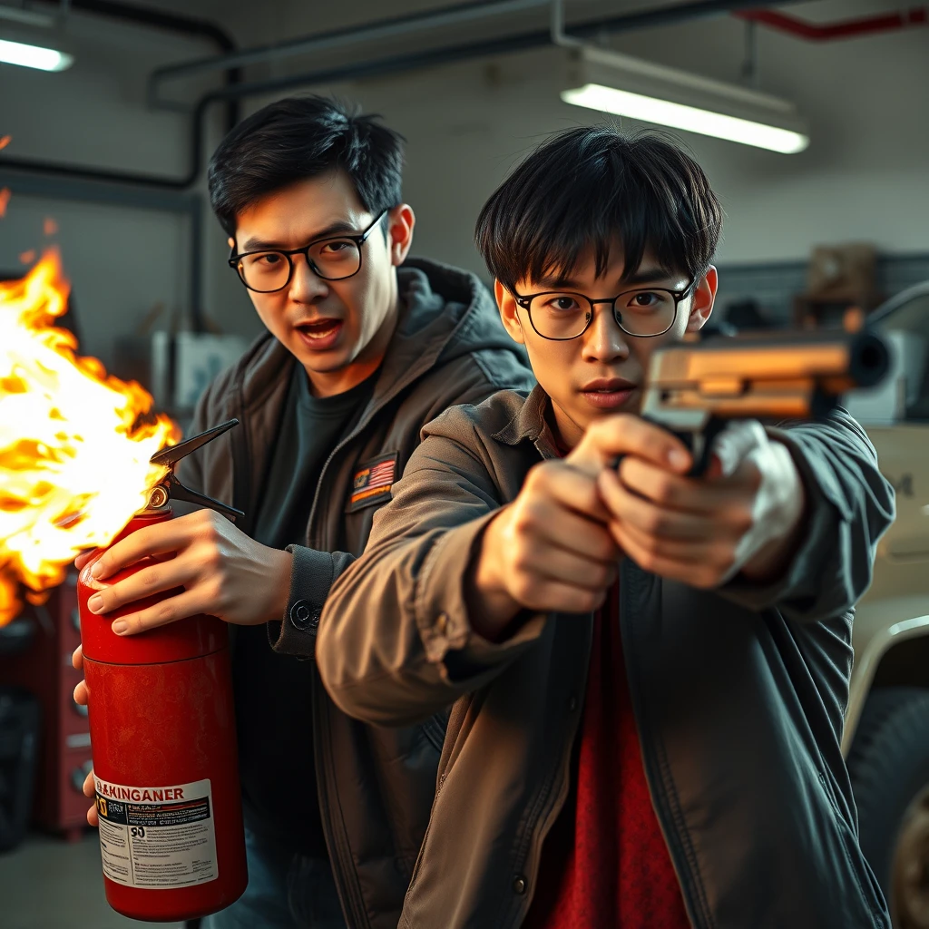 I want a 2 person set, they are two men both 20 years old, they look really angry with a murderous intent, and in a garage set. The first man is a Caucasian white man, he has short black hair, wears round prescription glasses; and in the scene, he's holding a very large fire extinguisher that shoots fire like a flamethrower. The second man is a Chinese man, he has a thin long face, mid to long hair with a fringe and wears square prescription glasses, he's holding a pistol aiming at the screen. - Image