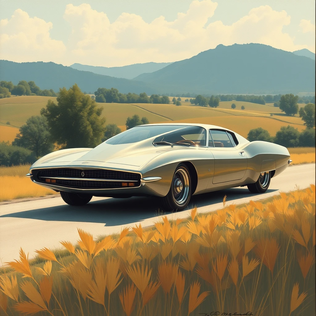 Corner view, a retro-futuristic sports sedan concept, a painting by Syd Mead, sleek, country setting.