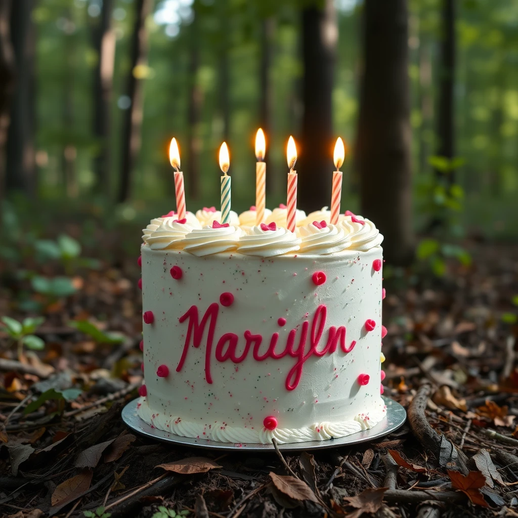 Birthday cake for Marilyn out in the forest that says "Happy Birthday Marilyn".