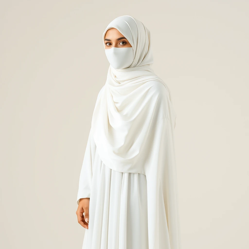 "Generate an image of a Muslim Arabic woman wearing a white niqab and a long, flowing gown. The niqab should cover her face while the gown should be elegant and modest, reflecting traditional Islamic attire. The background should be neutral or softly textured to ensure the focus remains on the woman and her attire. The lighting should be soft and even to highlight the details of the niqab and gown." - Image