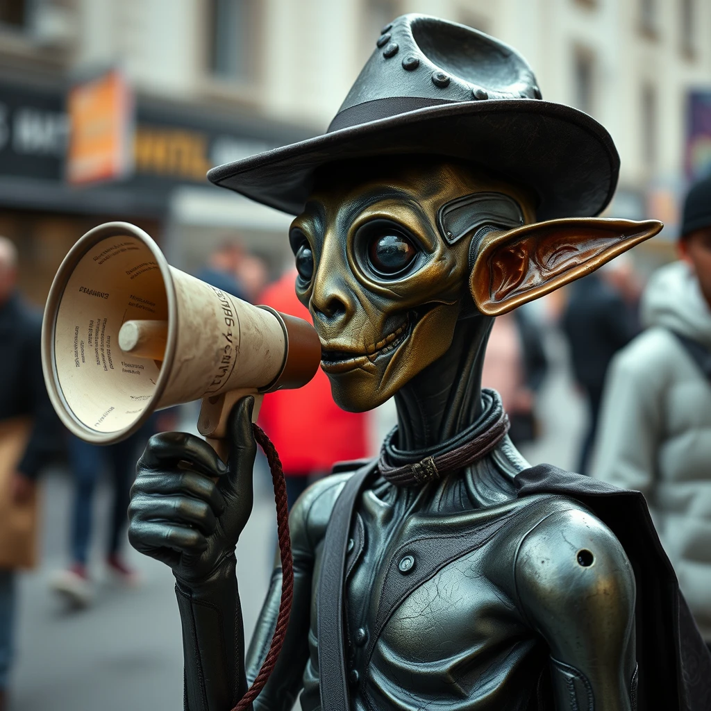 A changeling stood there, its skin smooth and metallic the color of an oil slick, with no nose or mouth on its face and missing eyes and ears. It would be mistaken for a mannequin if it weren't moving around and wearing a hat, wielding a megaphone made of paper at passersby.